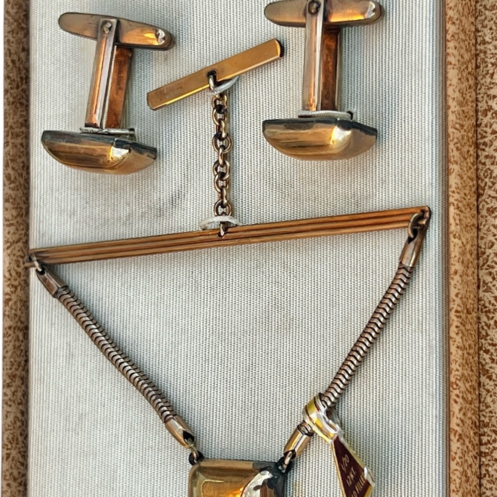 Bigney Tie Bar W/ Chain & Cufflinks gold filled 1/20 12KT VTG NRFB MCM Orig Box - Picture 6 of 12